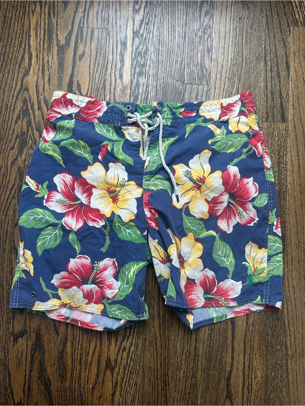 Men's Ralph Lauren Polo Navy Floral Swim Trunks with Tropical Hibiscus Print